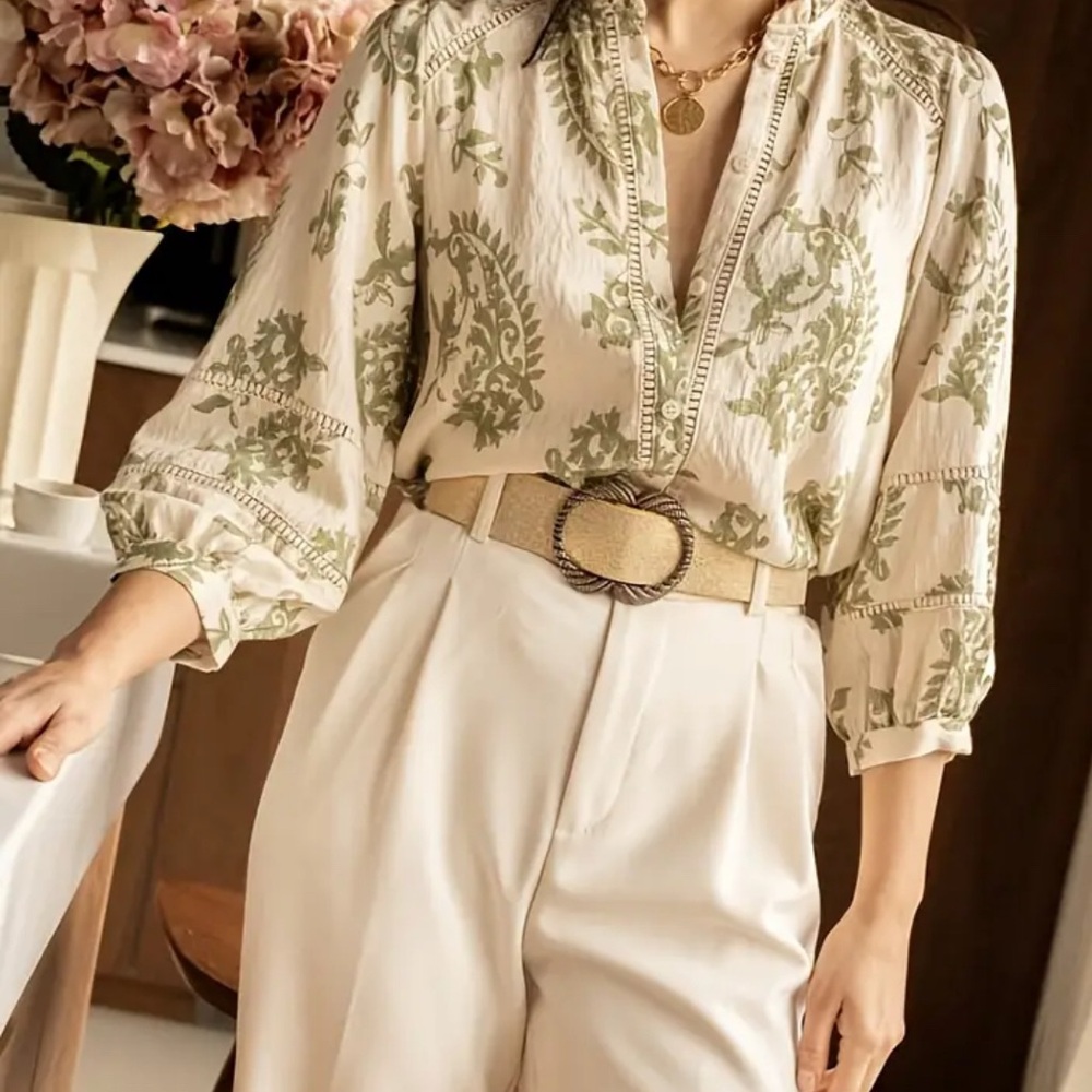 Sezane STYLE French Elegant Green Floral Women's Top blouse 3/4 sleeve medium